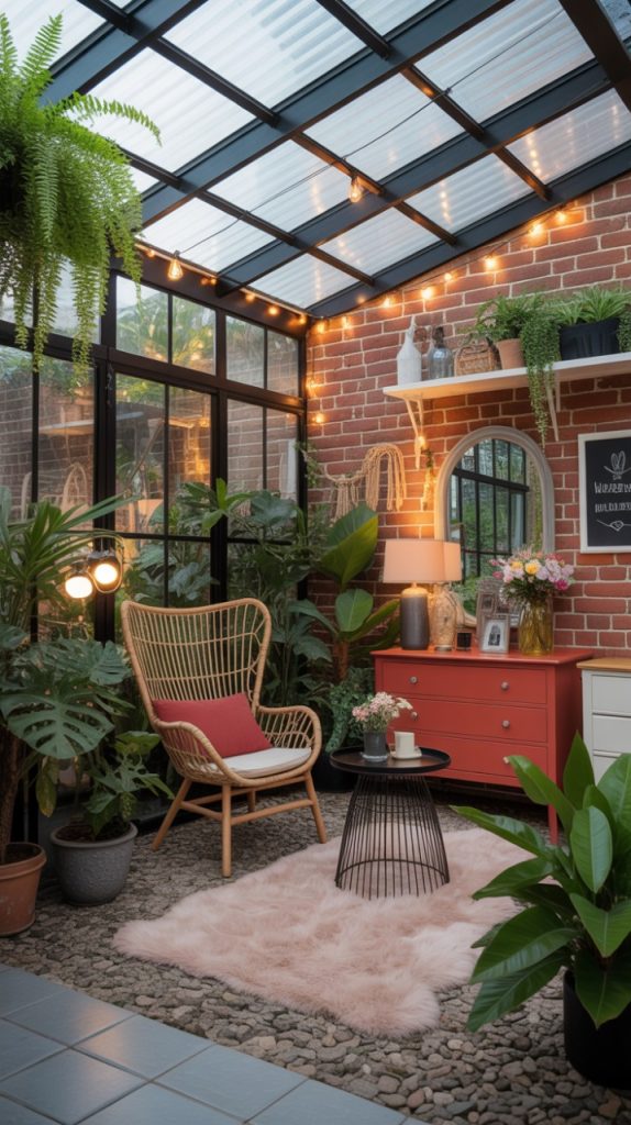 Patio retreat with colorful flowers and reading chair