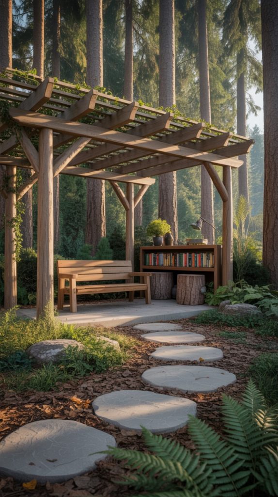 Indoor window bench with garden view for reading