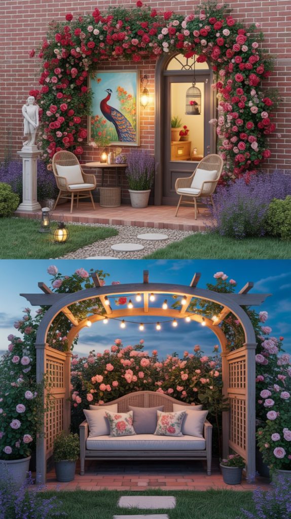 Secret garden corner with trellis and vines