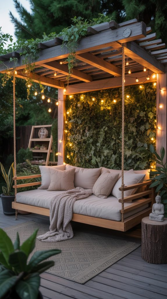 Cozy garden bench with cushions for reading nook