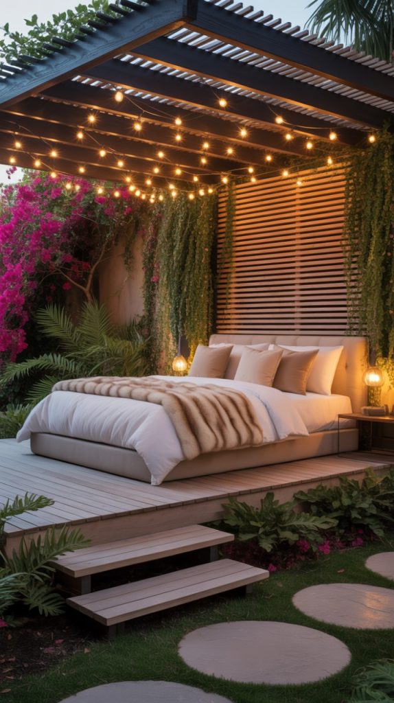 Hammock reading nook with side table in garden