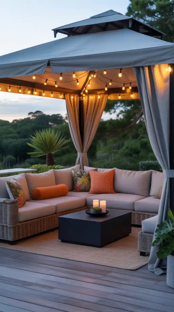 tiny deck transformed with greenery and fairy lights