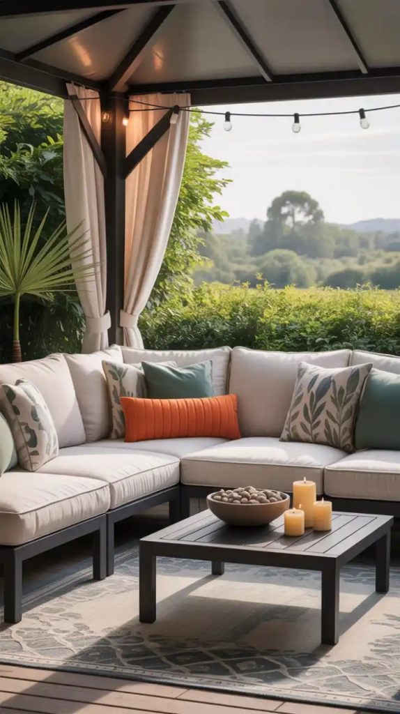 outdoor retreat with wind chime and fountain on deck