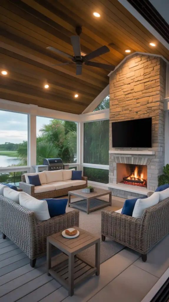 deck decorated with colorful outdoor rug and pillows