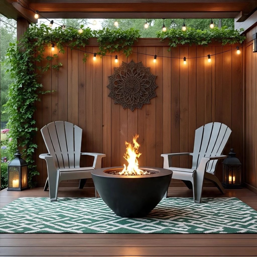 backyard deck with vertical garden and hanging planters