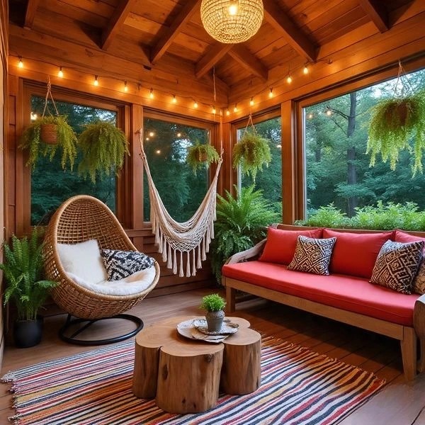 outdoor deck with bamboo privacy screen and plants