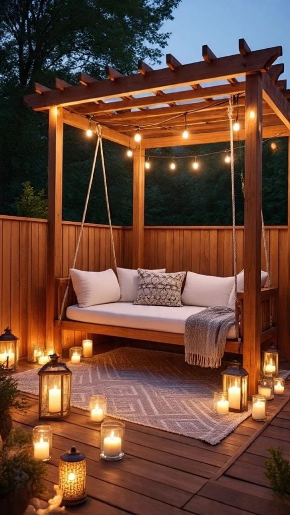 compact deck design with foldable chairs and table