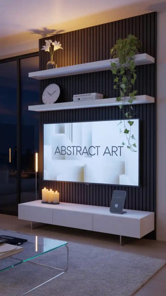 Scandinavian-inspired TV wall with light wood décor