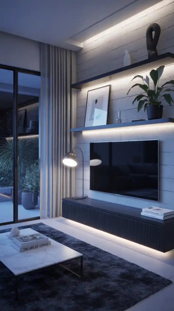 Industrial TV wall with raw concrete finish
