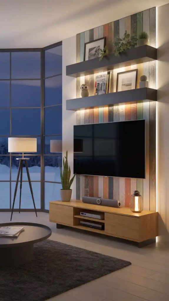 Luxury marble TV wall with wooden accents