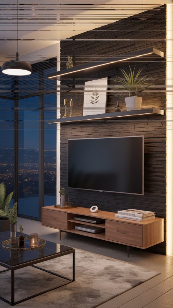 Nature-inspired TV wall with indoor plants