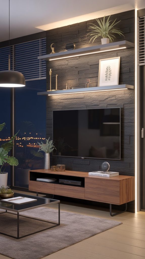 Bold navy blue painted TV wall