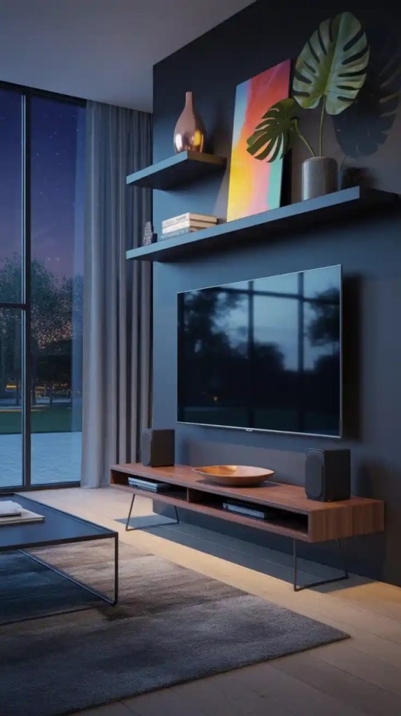 Floating media console with LED strip lighting