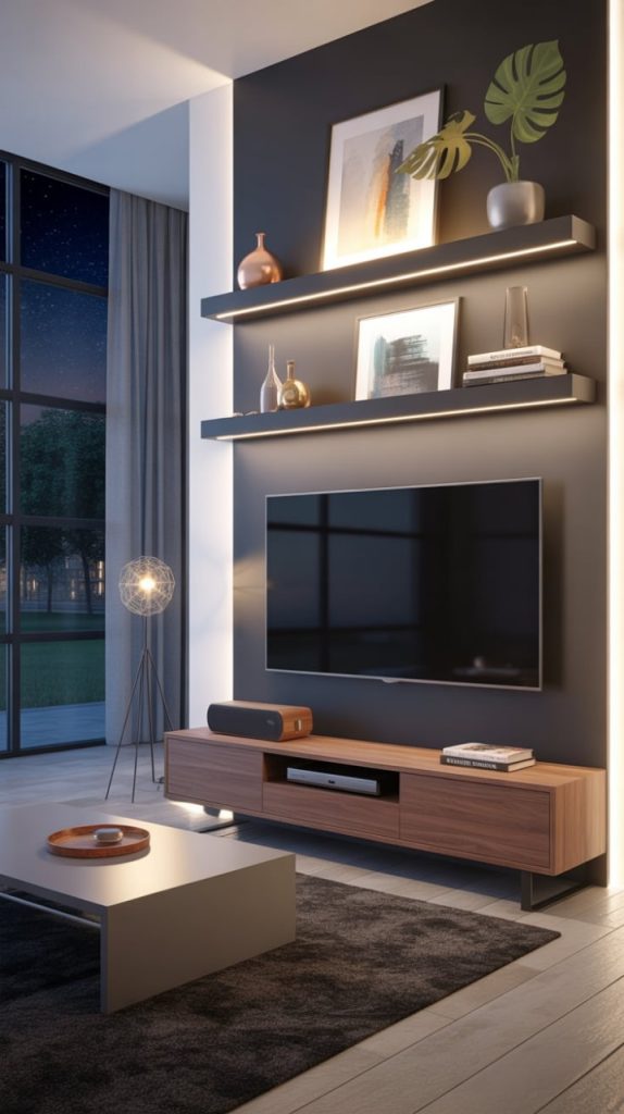 Gallery wall arrangement around flat-screen TV