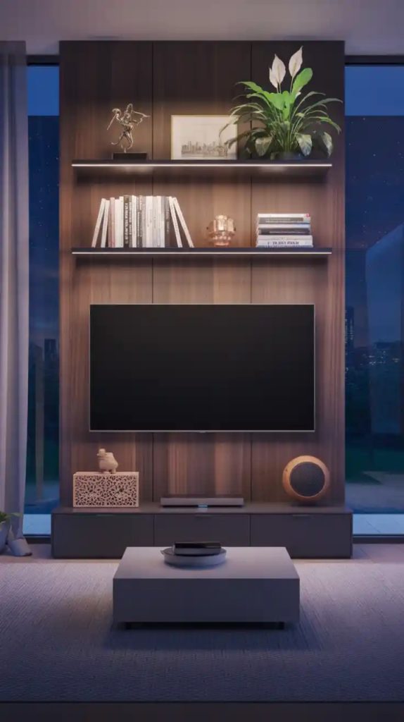 Textured wooden panel TV wall design