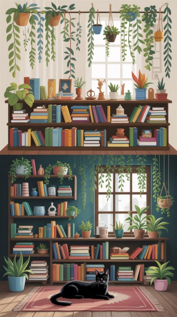 Cozy home library with armchair and bookshelves
