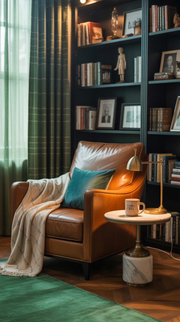 Large luxury home library with rolling ladder