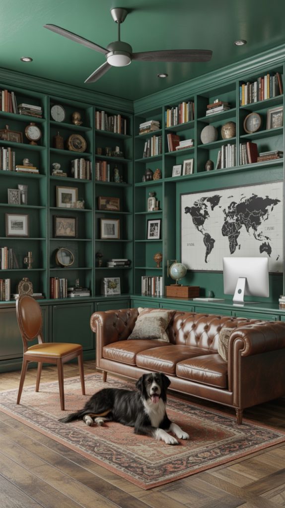 Cozy library with warm pendant lighting and plants