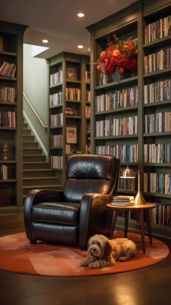 Apartment loft library with exposed brick wall design