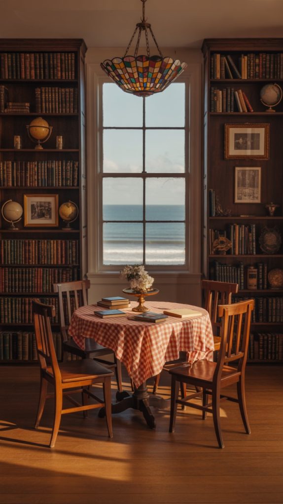 Small-space home library with hidden storage under seating