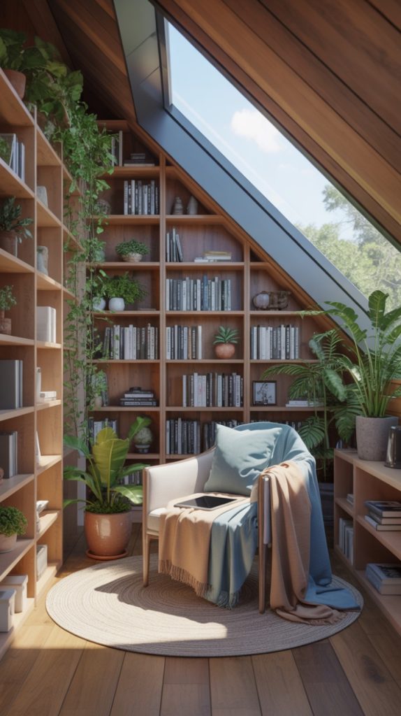 Contemporary home office with integrated bookshelf wall