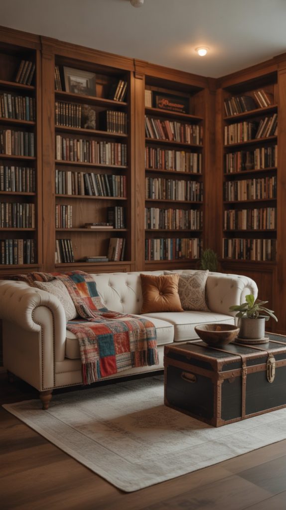 Stylish reading nook with velvet chair and floor lamp