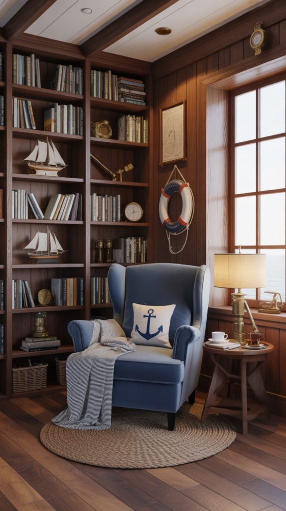 Home library with Persian rug and soft textiles