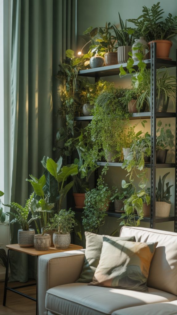 Reading nook styled with greenery and cozy chair