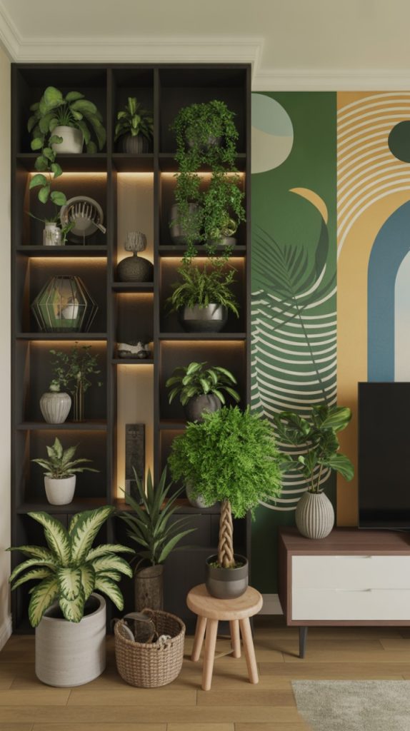 Living room with large fiddle-leaf fig plant