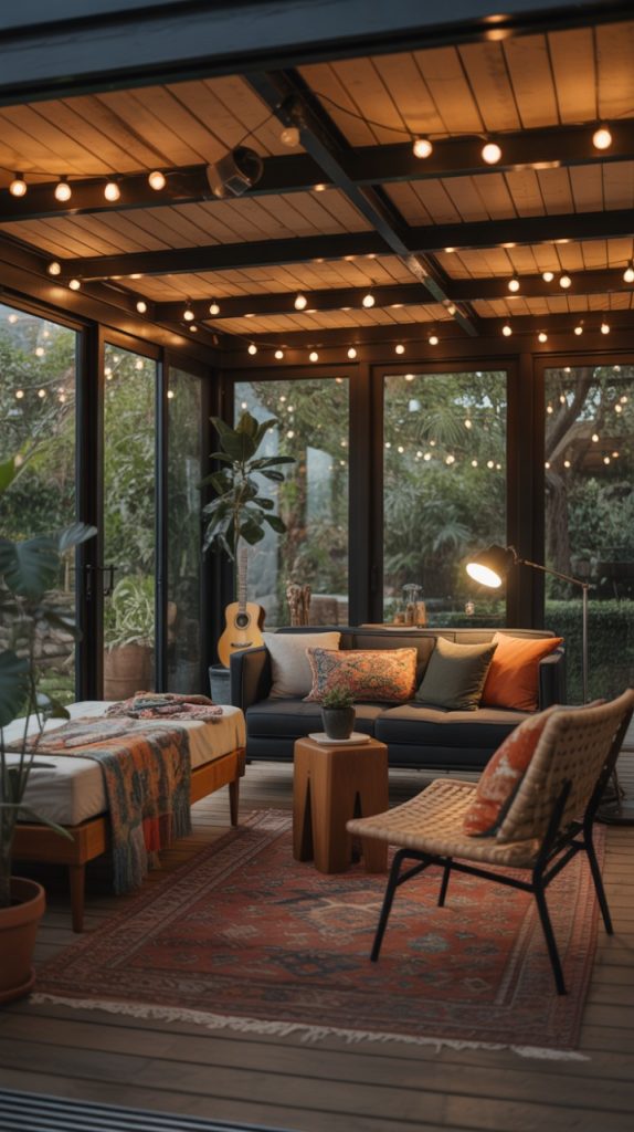Outdoor rug on a small porch with chairs