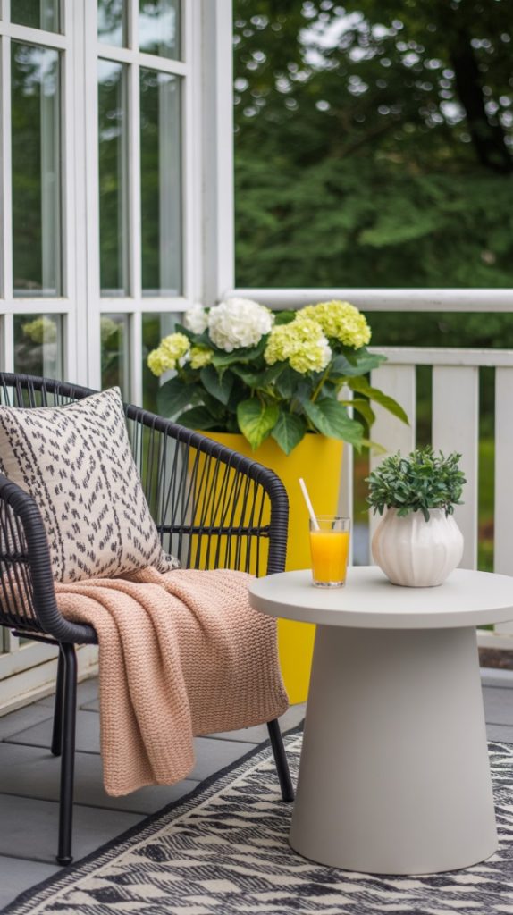 Hanging baskets with flowers on a small front porch