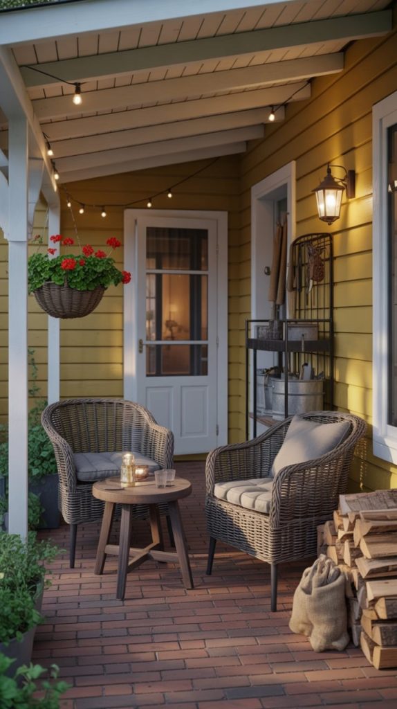 Winter front porch with wreath and fairy lights