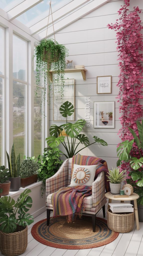 DIY wooden crate used as a porch side table