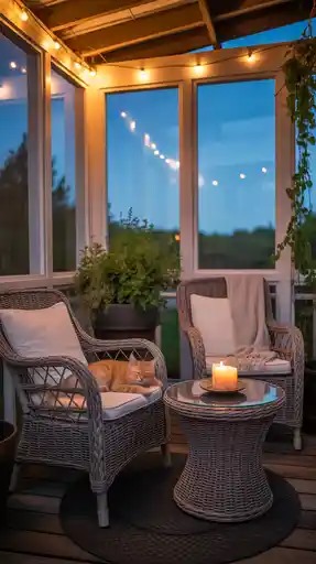 Lanterns and wind chimes on a small porch