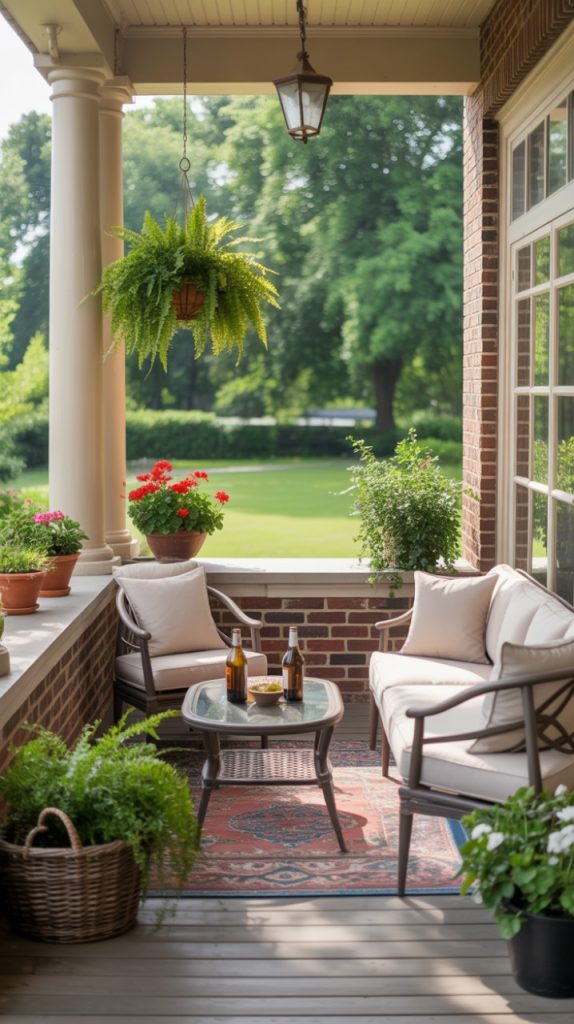 Rustic porch with wooden bench and stone planters