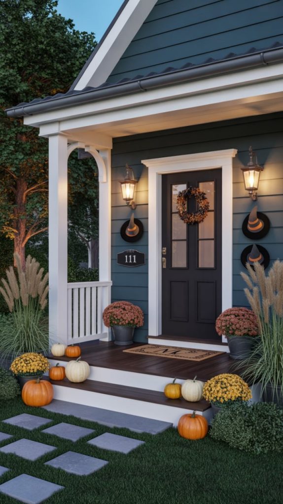 Fall-themed small front porch with pumpkins