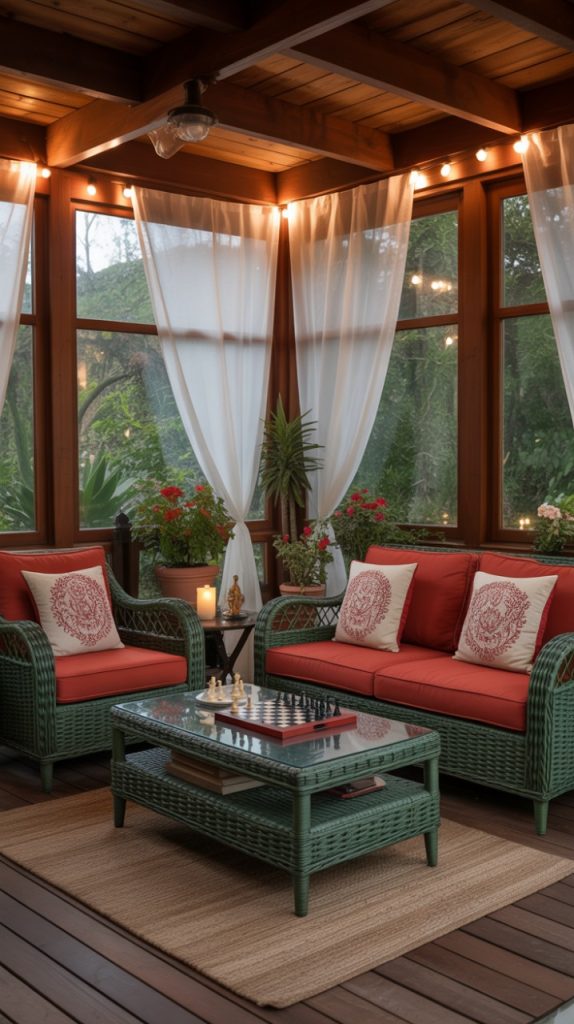 String lights decorating a small entry porch