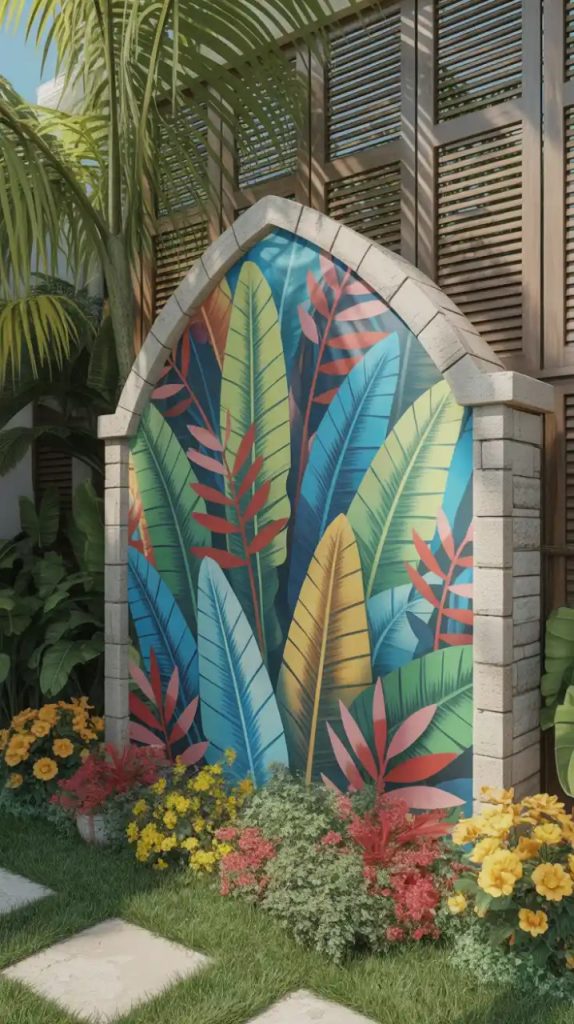 Outdoor wall with forest scene mural painting