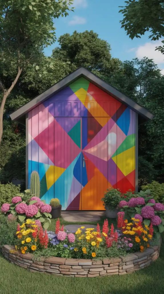 Creative backyard garden wall mural with vibrant colors