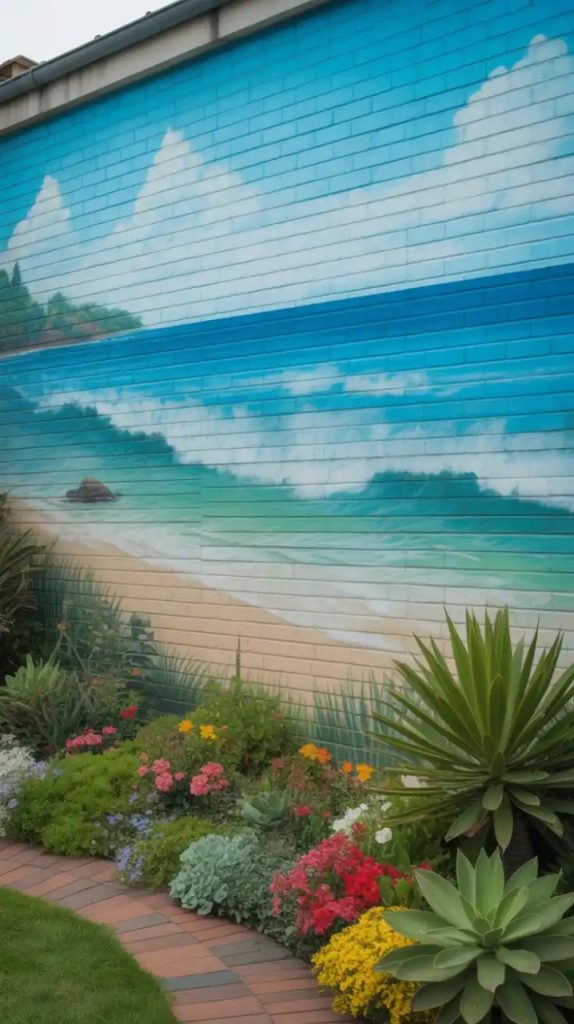 Glow-in-the-dark painted garden wall at night