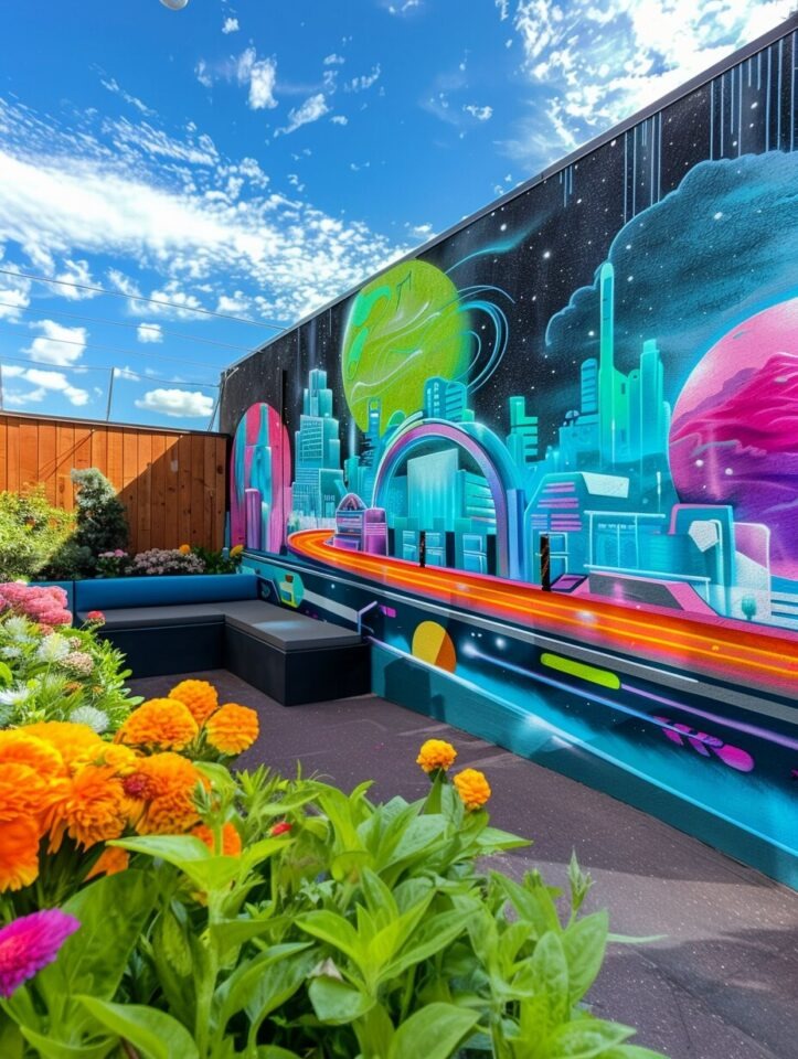 Ombre blue backyard wall painting