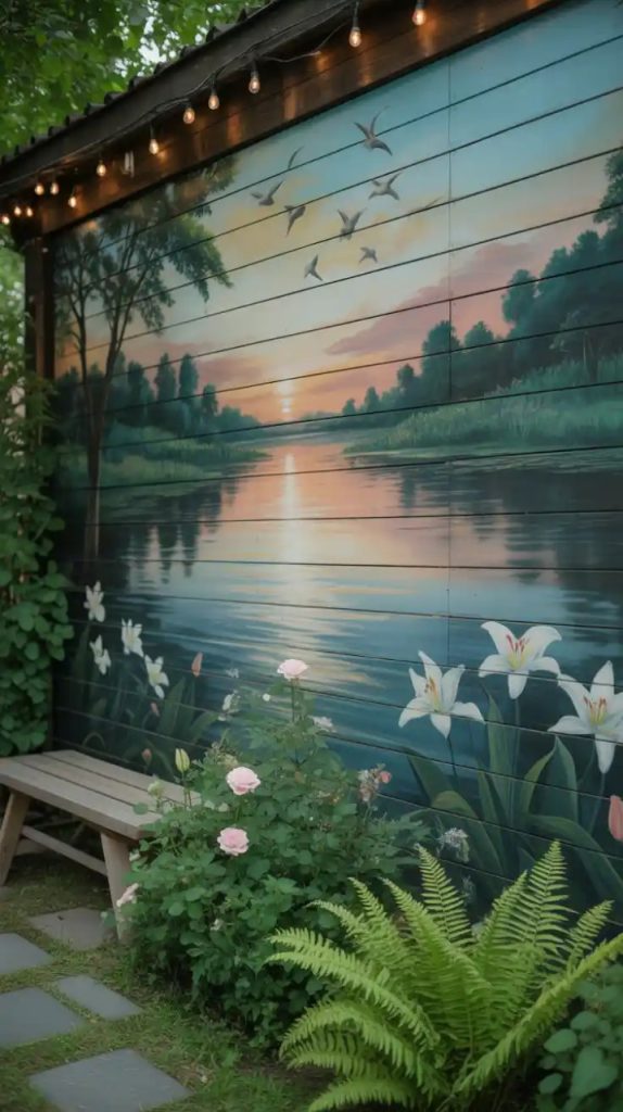 Abstract art painting on outdoor backyard wall