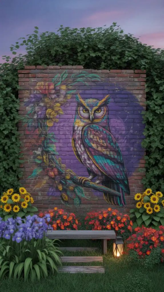 Geometric pattern garden wall with bold colors