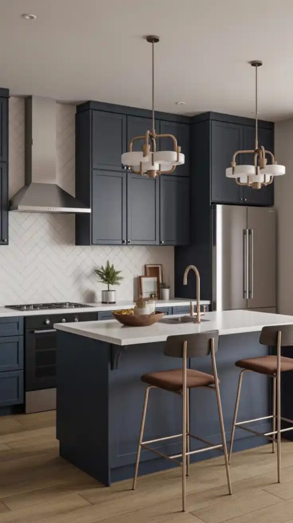 Open concept L-shaped kitchen with dining island