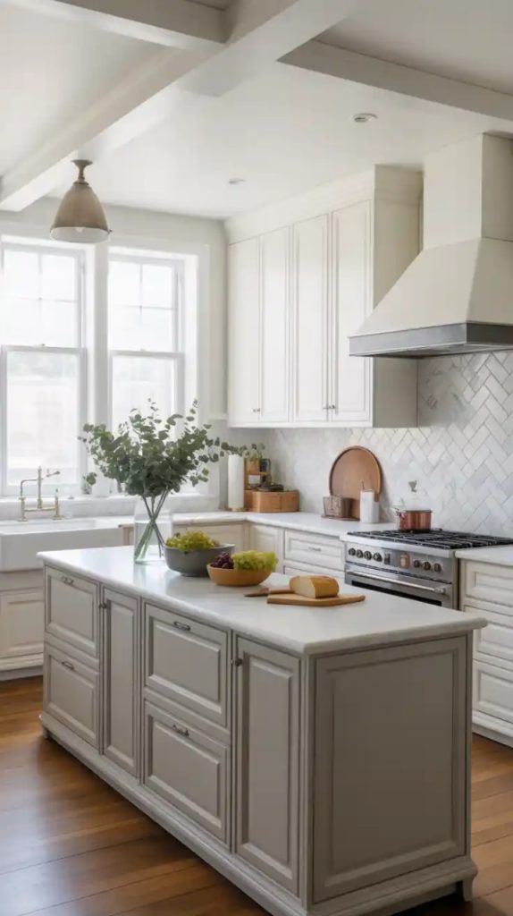 Marble island centerpiece in luxury L-shaped kitchen