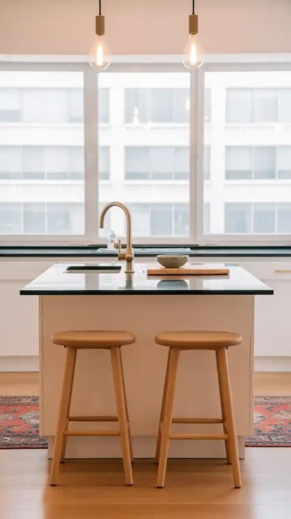 Bright L-shaped kitchen with skylight and island