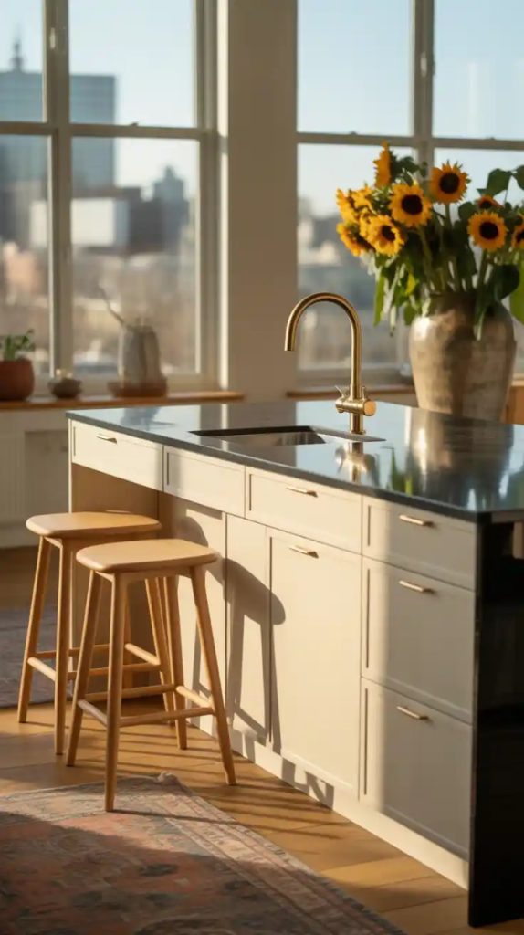 Navy blue cabinets in bold L-shaped kitchen design