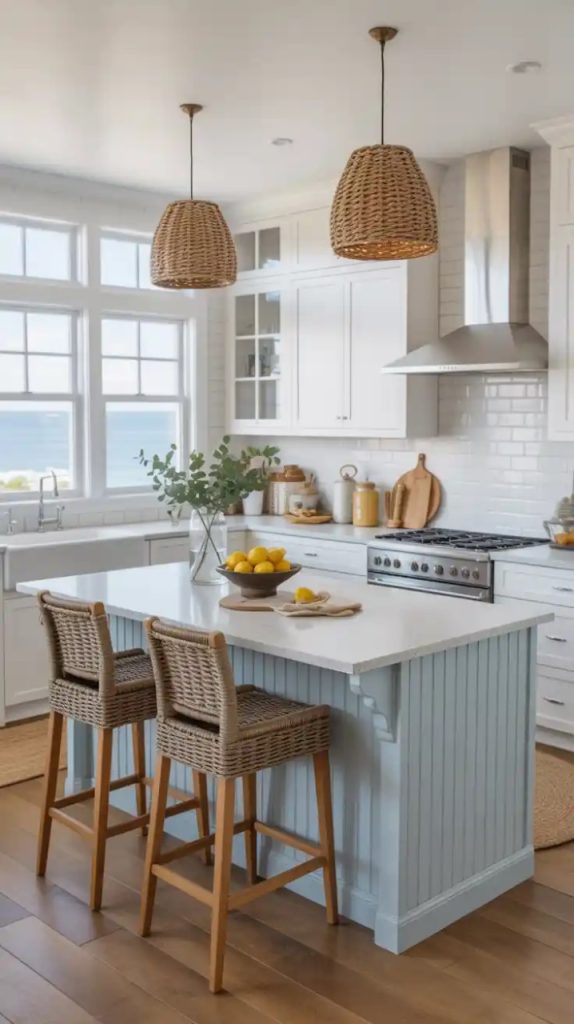 Multi-level kitchen island in modern L-shaped layout