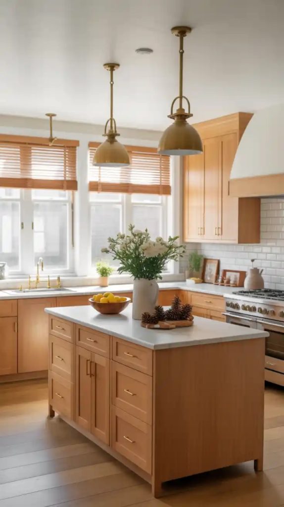 L-shaped kitchen with open shelving and island seating