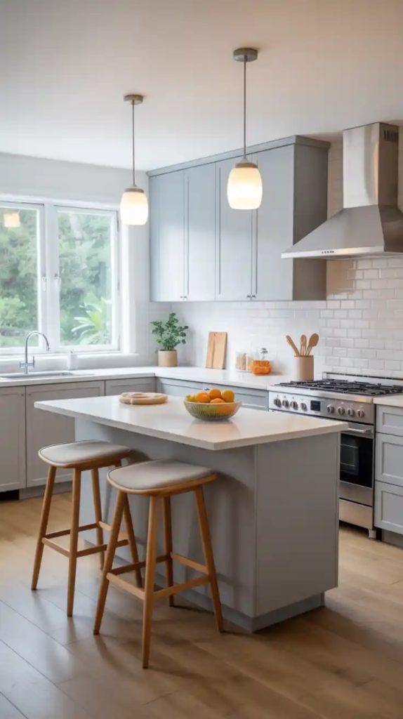 Compact L-shaped kitchen with storage island